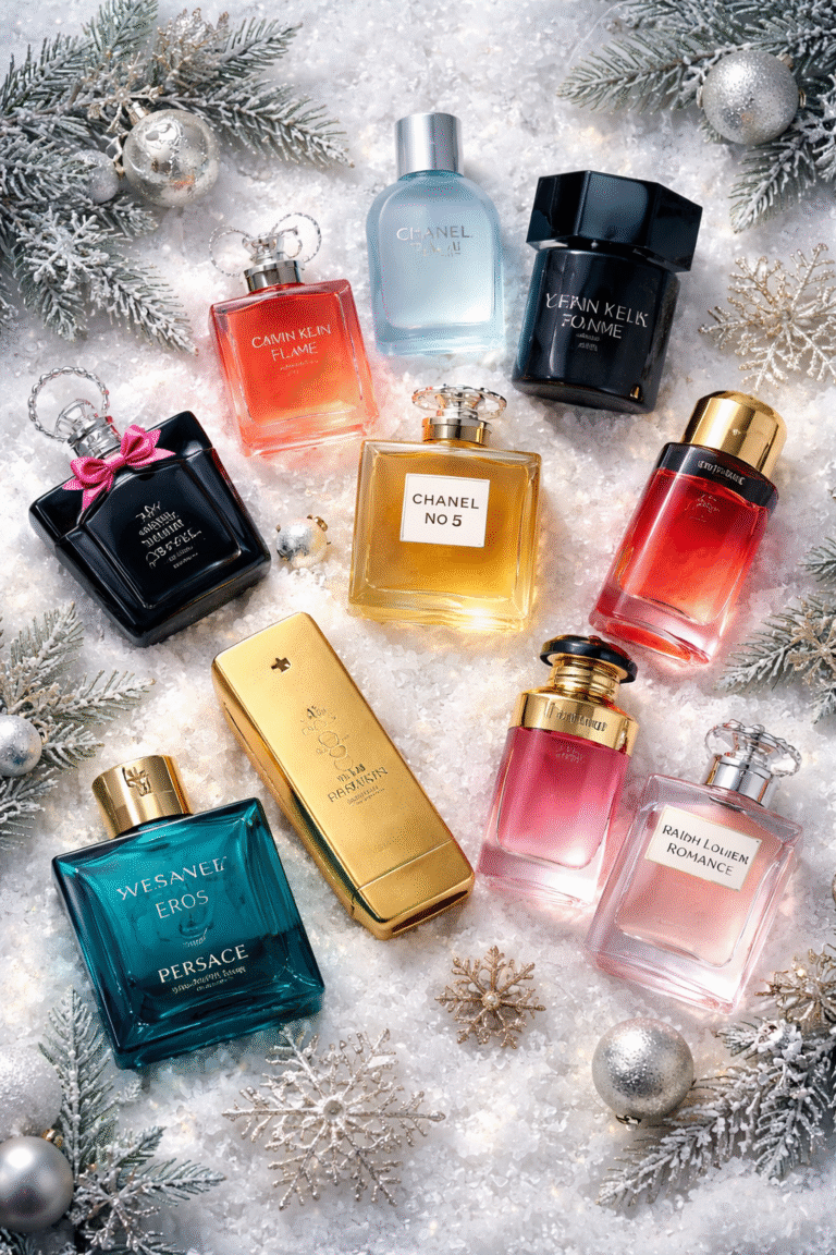 Zimowe bestsellery perfum w eleganckich flakonach na śnieżnym tle, luksusowe zapachy na chłodne miesiące