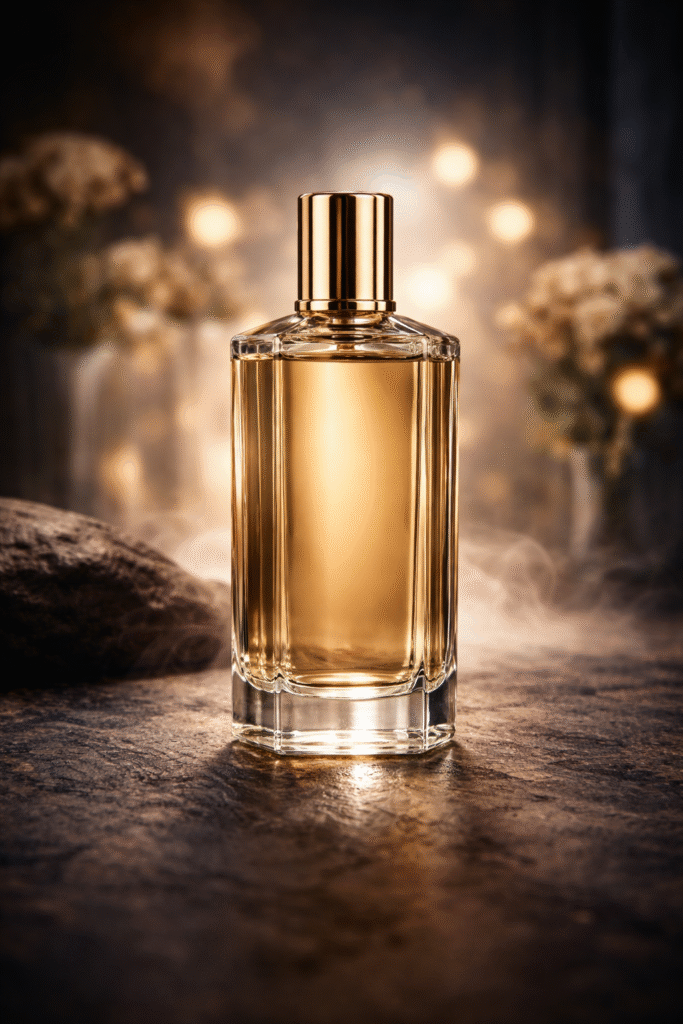 Luksusowy flakon perfum na tle bokeh